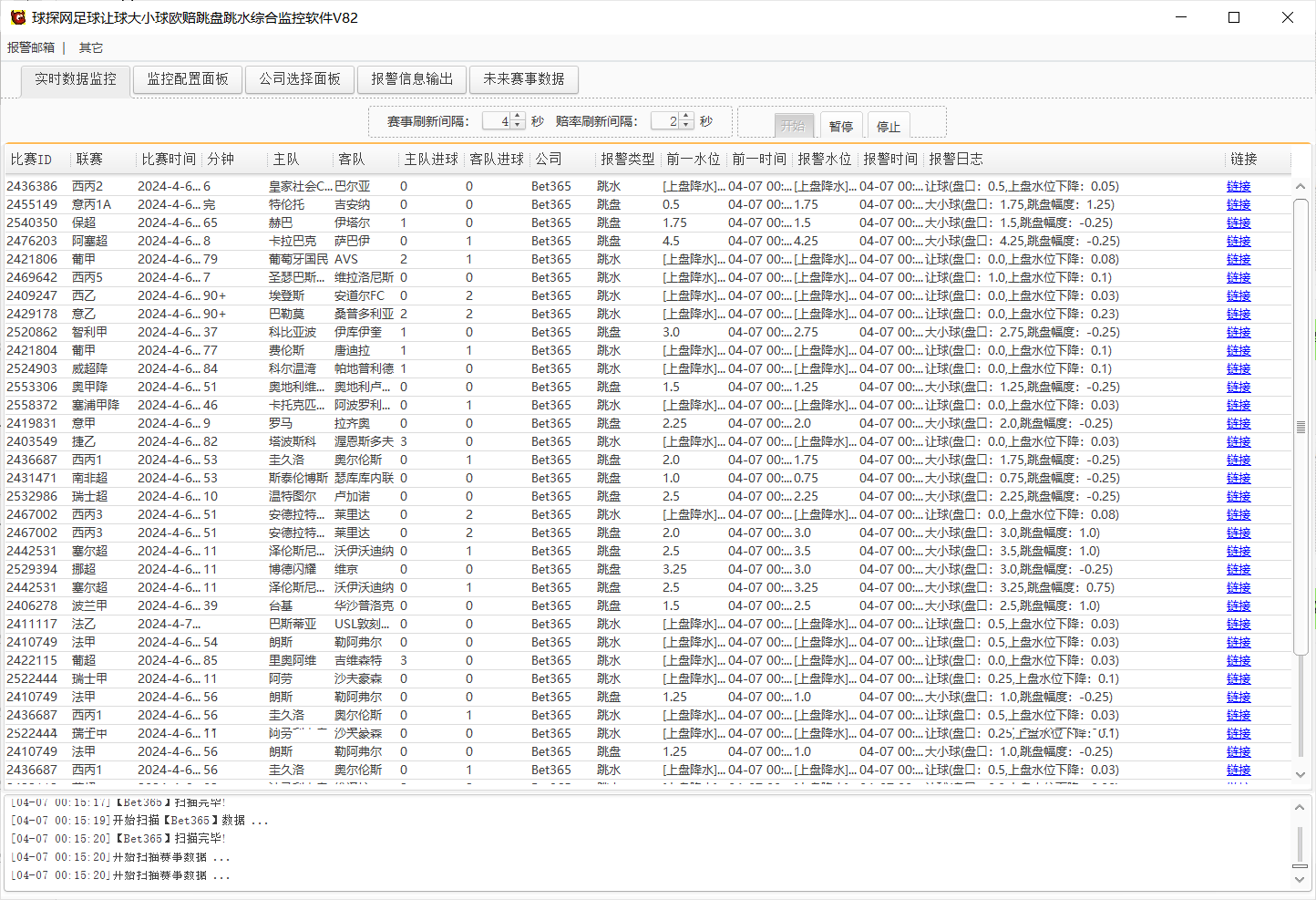 球探网足球让球大小球欧赔跳盘跳水综合监控软件V82